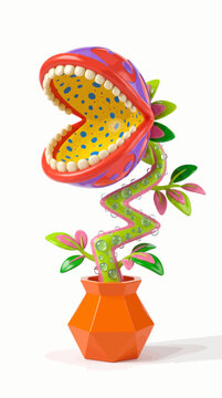 3D cartoon pop art carnivorous plant isolated on white background, colorful retro futuristic venus flytrap vector illustration, fun monster flora