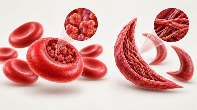 AI generated 3D illustration comparing normal red blood cells and sickle cells showing hemoglobin fiber formation