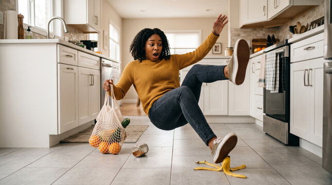 Woman slipping and falling in a kitchen on a banana peel