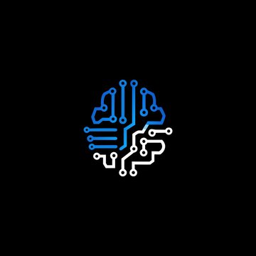 Abstract circular AI brain circuit logo on black background, blue and white tech mind icon vector illustration for artificial intelligence technology
