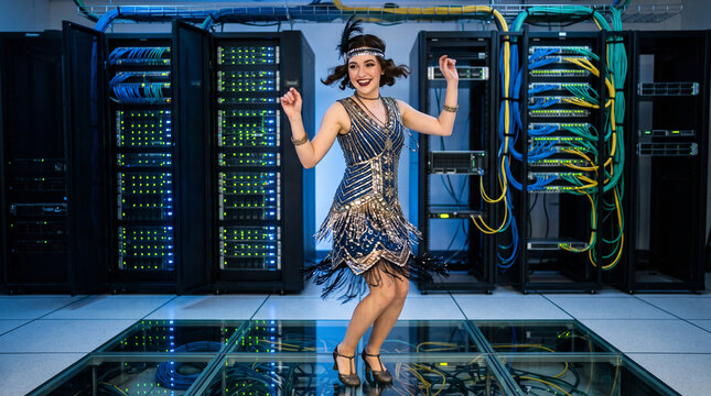Woman in vintage flapper dress dancing in modern server room data center