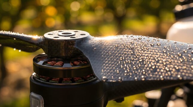 Close-up of wet carbon fiber drone propeller and brushless motor in an agricultural field during golden hour.