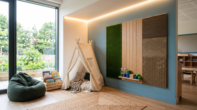 Modern sensory room with teepee tent, bean bag and textured wall panels for autism support