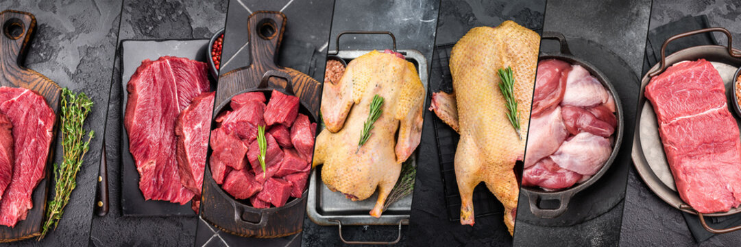 Raw game meat whole poultry and assorted giblets with herbs in a seven panel butcher collage on dark stone backgrounds