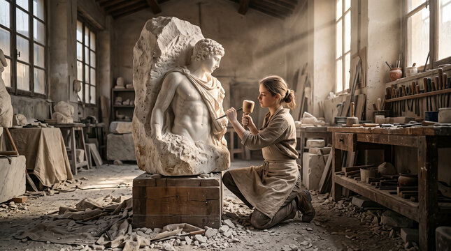 A young woman, a sculptor, is carving a beautiful statue out of stone.
