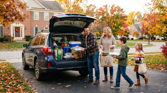 Family loading car with food for Thanksgiving gathering in autumn neighborhood