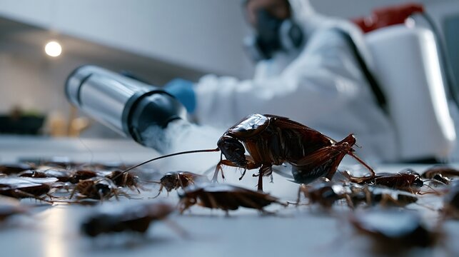 Professional pest control technician in protective suit applying a chemical fumigation treatment to eliminate a large cockroach infestation in a domestic or commercial kitchen