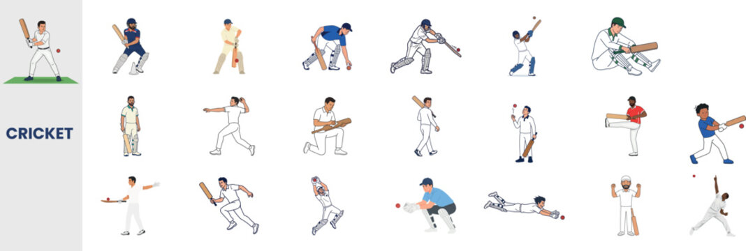 Cricket vector poses set showing batting, bowling, fielding, and wicketkeeping actions