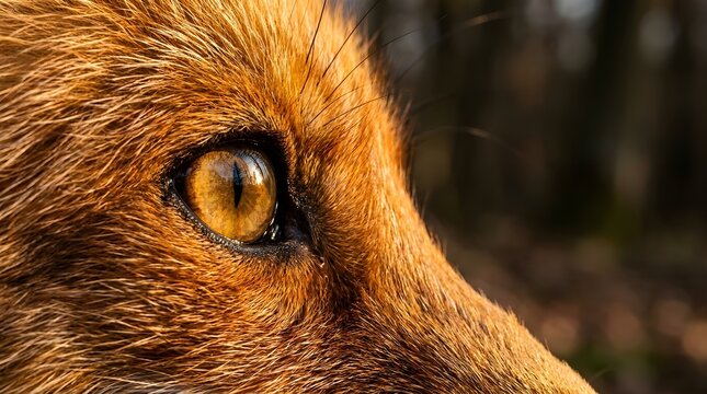 Closeup portrait of a red fox eye, capturing the intense golden iris and detailed fur texture in soft natural forest light, highlighting the wild animals sharp gaze