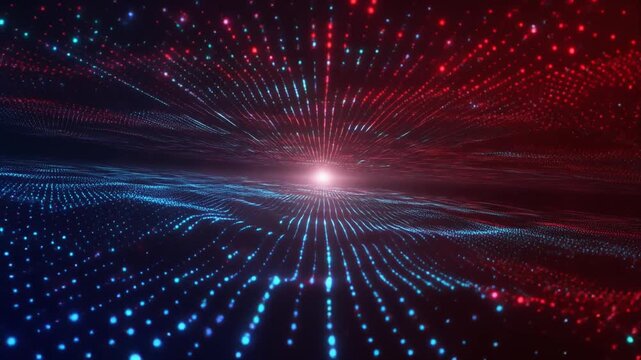 Abstract digital data stream with glowing light particles in a futuristic technological landscape with blue and red hues
