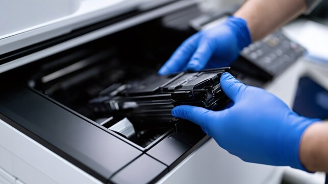 Technician hands wearing blue protective gloves removing or inserting a toner cartridge into a multifunction laser printer, performing maintenance or repair on office equipment