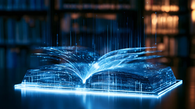 A futuristic library features a glowing blue digital book concept