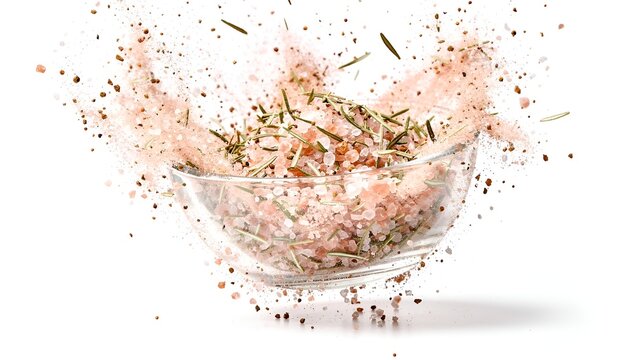 Pink Himalayan Salt with Dry Rosemary Bursting and Exploding in Mid Air from Clear Glass Bowl Isolated on White Background