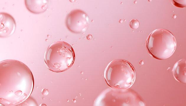 The Pink PDRN serum adds texture to a 3D background featuring salmon DNA and peptides. Meanwhile, a rose water facial toner or cleansing gel with bubbles is recommended. Liquid cosmetic spheres are al