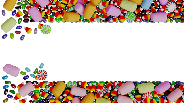 Colorful halloween candies top and bottom border frame with candy corn and marshmallows on transparent background with alpha channel overlay horizontal orientation for holiday sweet food graphic desig