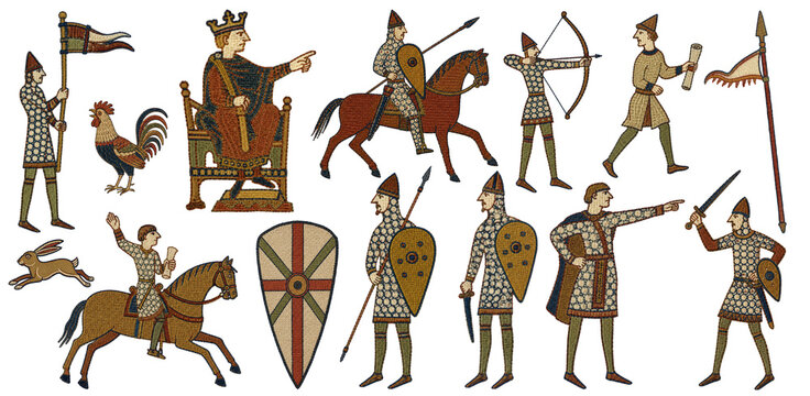 Medieval kingship and royal authority in 1066. Bayeux Tapestry style king on a throne, knights, archer, banners, messenger and scroll, rooster and hare