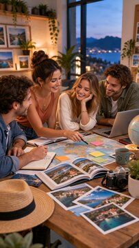 Four friends gather around a table covered with travel photos, maps, notes and a laptop, planning a trip together in a cozy room at dusk by the window.