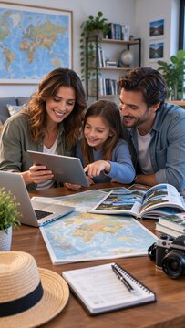 Smiling family plans a trip at home using a tablet, paper maps, and travel guidebooks at a wooden table, with a world map and shelves in the background.