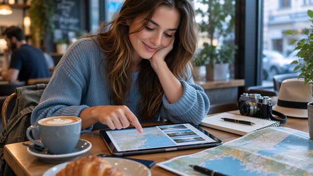 Young woman sits at a cafe table planning a travel itinerary with a tablet, paper maps, coffee, and a camera, suggesting relaxed trip preparation and vacation planning.
