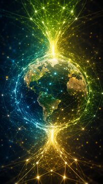 A glowing Earth is surrounded by blue and gold connected light nodes, forming a dynamic global network that suggests data exchange, communication, and technology.
