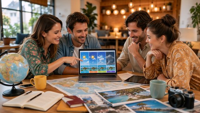 Four friends gather around a laptop in a cozy cafe, reviewing travel photos and maps while planning a vacation together at a table filled with maps and notebooks.