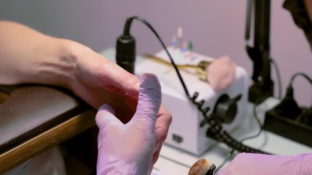 A horizontal slow motion video showing a manicurist filing a client's fingernails and sweeping away dust with a cosmetic brush in a salon.