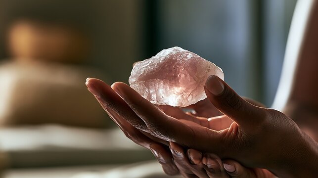 Close up of hands holding a raw pink crystal stone with soft light illuminating the gem