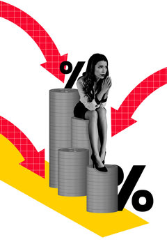 Vertical photo collage of sad inexperienced girl pray dollar inflation percent arrow down problem bankrupt isolated on painted background