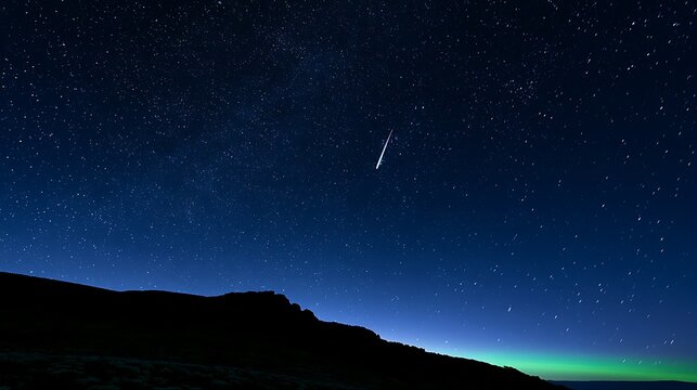 Shooting Star Streaks Across Starry Night Sky Over Silhouetted Mountain Ridge