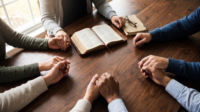 Group of people with clasped hands praying around an open bible on a wooden table in a warmly lit room