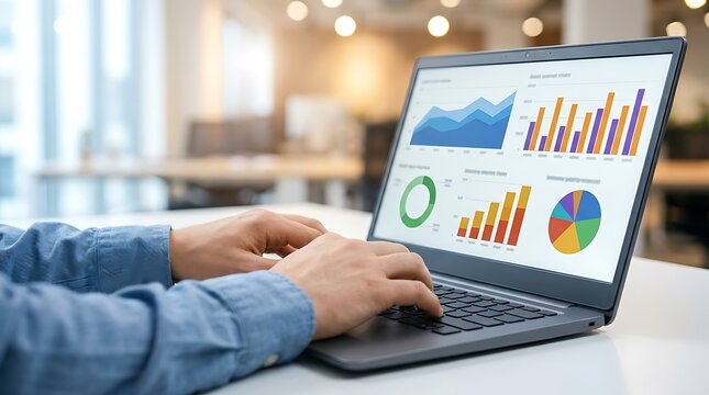Close up hands typing on laptop with colorful financial charts graphs and data visualizations for business analytics and online reporting.