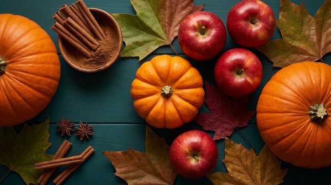 Fall harvest overhead arrangement featuring vibrant pumpkins sweet red apples and aromatic cinnamon sticks on a teal wooden surface perfect for autumn greetings.