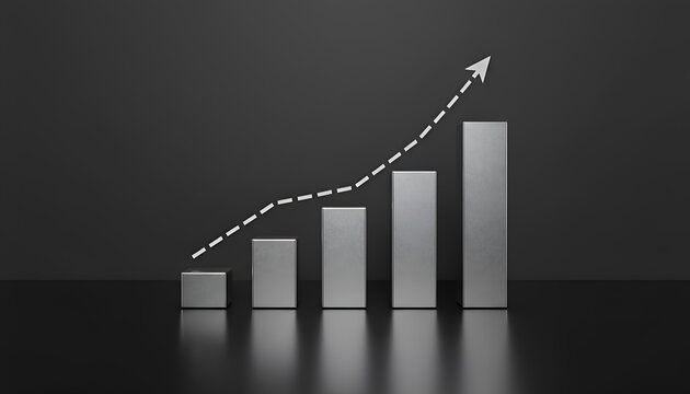 A 3d rendered bar chart showing business growth with an upward trending arrow on a dark background