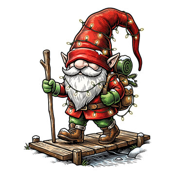 Christmas gnome vector illustration hiking across wooden bridge with festive string lights and winter backpack