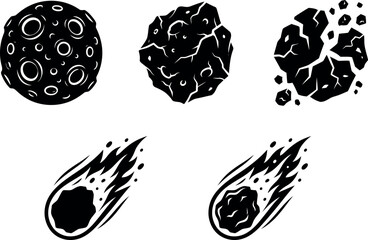 Meteor and Asteroid Silhouette Vector Set with Comets, Craters and Space Rocks © MirzaAsmaul
