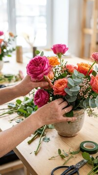 Close-up view of hands learning to arrange vibrant garden roses and eucalyptus during an interactive and inspiring floral design master class, artistic, foliage, learning process