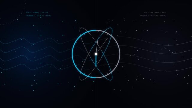 Sleep cycle science HUD interface with beta and delta brain wave frequency analytics visualization