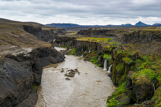 Sigoldugljufur Canyon or Sig&ouml;lduglj&uacute;fur, mountainous area with deep, rugged walls, moss-covered cliffs, cascading waterfalls, is often referred to as Iceland's "Valley of Tears". Highlands of Iceland.