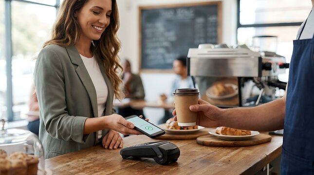 Cheerful businesswoman paying for takeaway coffee with mobile phone app via wireless reader machine at urban cafeteria desk with barista serving beverage.