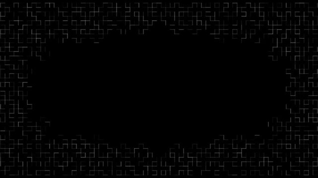 Seamless loop motion background featuring abstract white square and plus cross shapes forming dynamic geometric frames on a dark grid