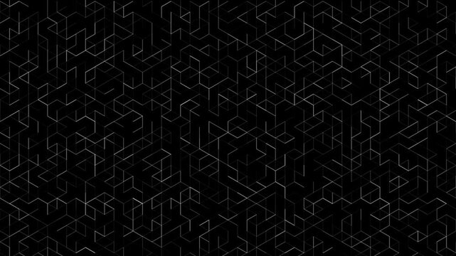 Seamless loop motion background featuring evolving white triangle geometric wireframe patterns and dynamic negative space shifts on dark tech grid.