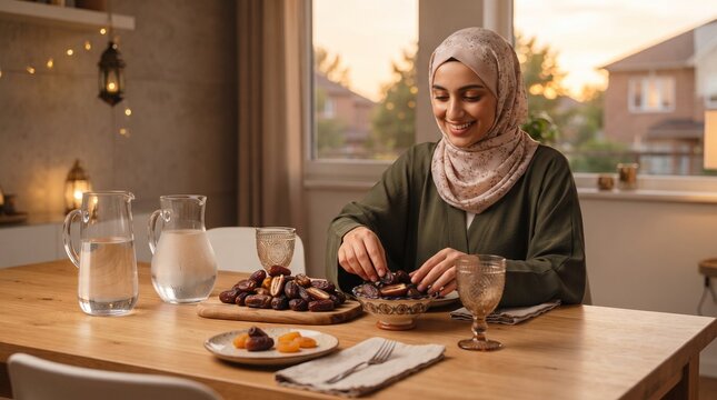 young muslim woman wearing hijab breaking fast with dates during ramadan iftar at home