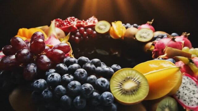 Luxurious arrangement of exotic fruits in a decorative circle, shot against a dark backdrop with warm lighting