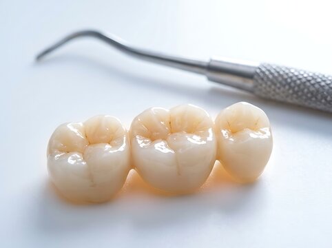Close up view of a three unit dental bridge beside a metallic dental tool on a clean white table showcasing precise dental prosthetics and enamel details.