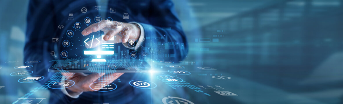 Front-end coder hands holding tablet reviewing complex Web Development coding script structures. Responsive user interface building, internet applications, and programming systems.