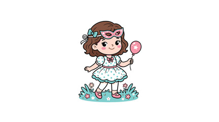 Obraz premium Girl Wearing Costume Party Mask With Balloon Cartoon Vector Illustration