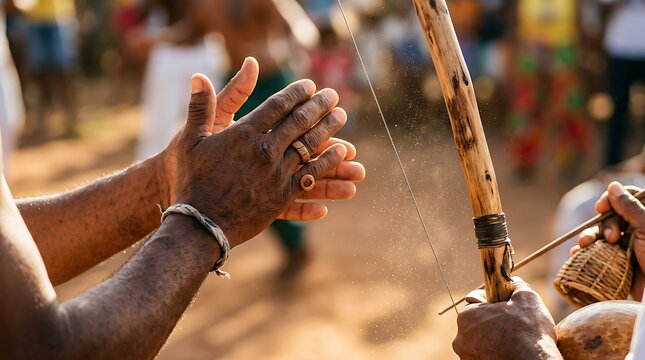Capoeira musician playing berimbau with rhythmic clapping hands