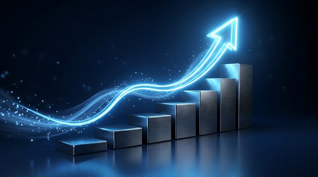 Blue neon arrow charts progress upwards with glowing particles and light streaks against dark background, symbolizing financial growth and success.