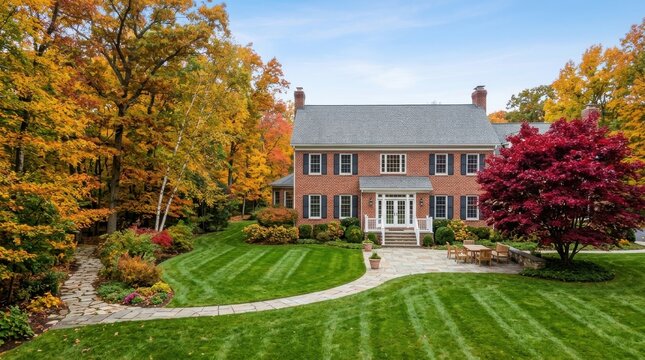 Elegant red brick colonial home with stone terrace and lush autumn garden.