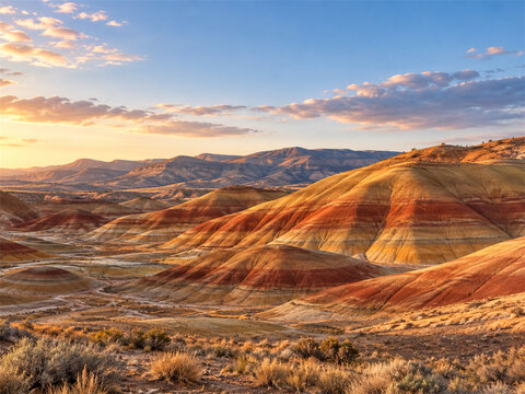 Layered painted hills in oregon glowing with warm late afternoon light showing striped earth formations rolling desert terrain and expansive western landscape under a clear blue sky